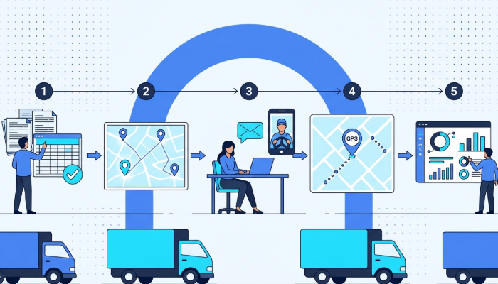 Fleet management workflow streamlining operations through scheduling, tracking, maintenance, and performance monitoring.