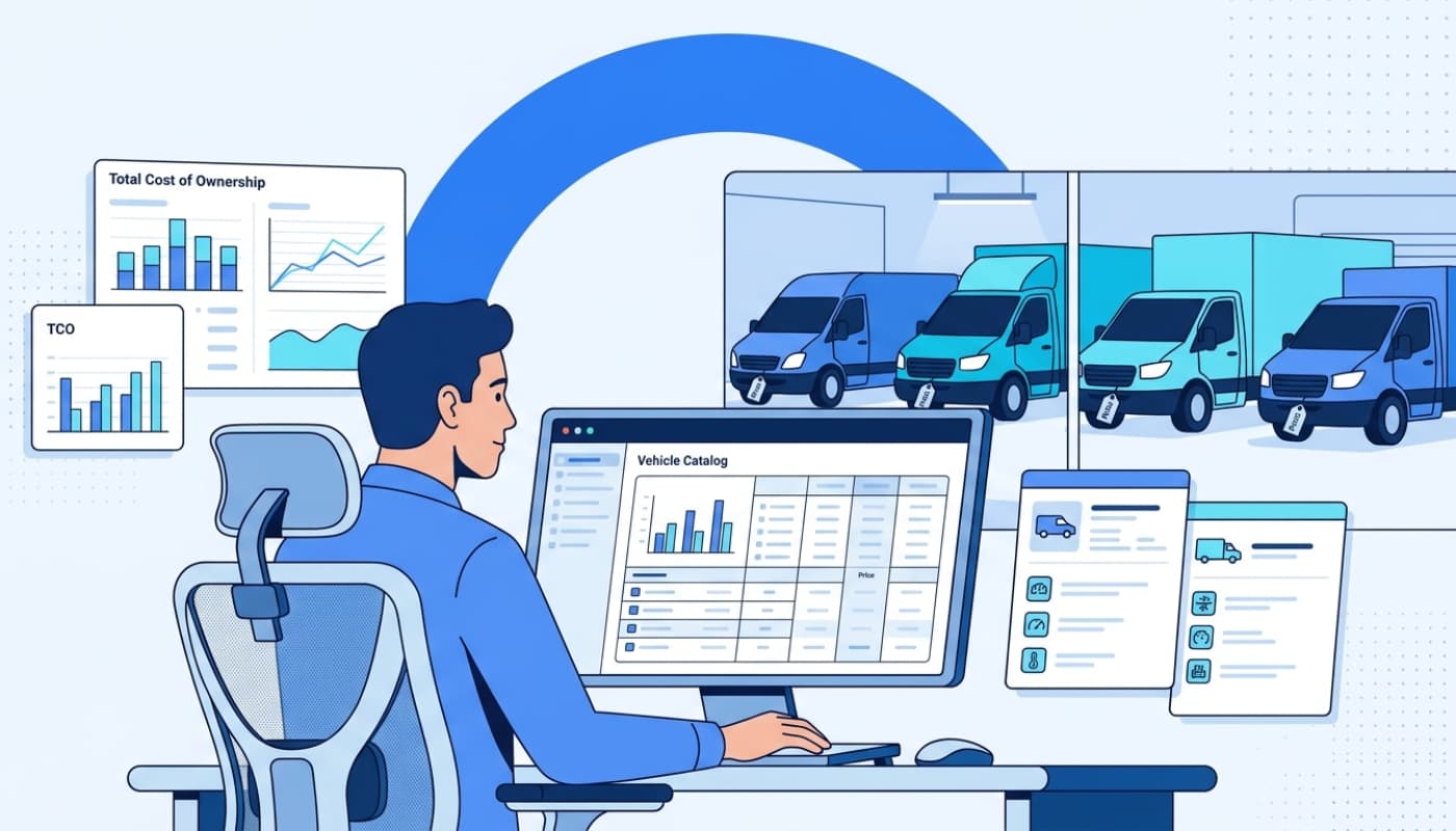 Fleet manager reviewing vehicle catalog with comparison charts and pricing data on monitor