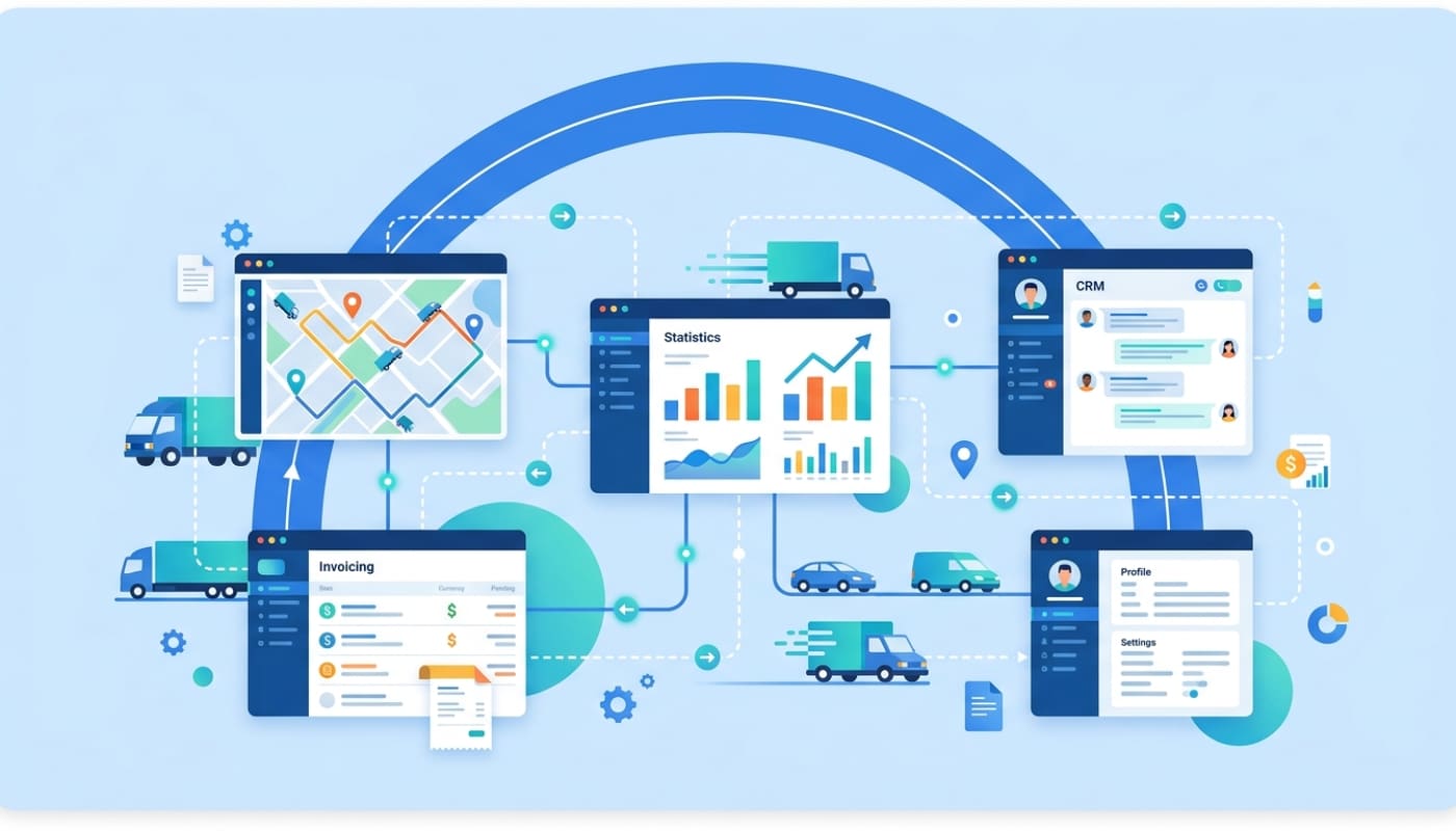 Connected fleet software systems with data flowing between route planning, tracking, and invoicing