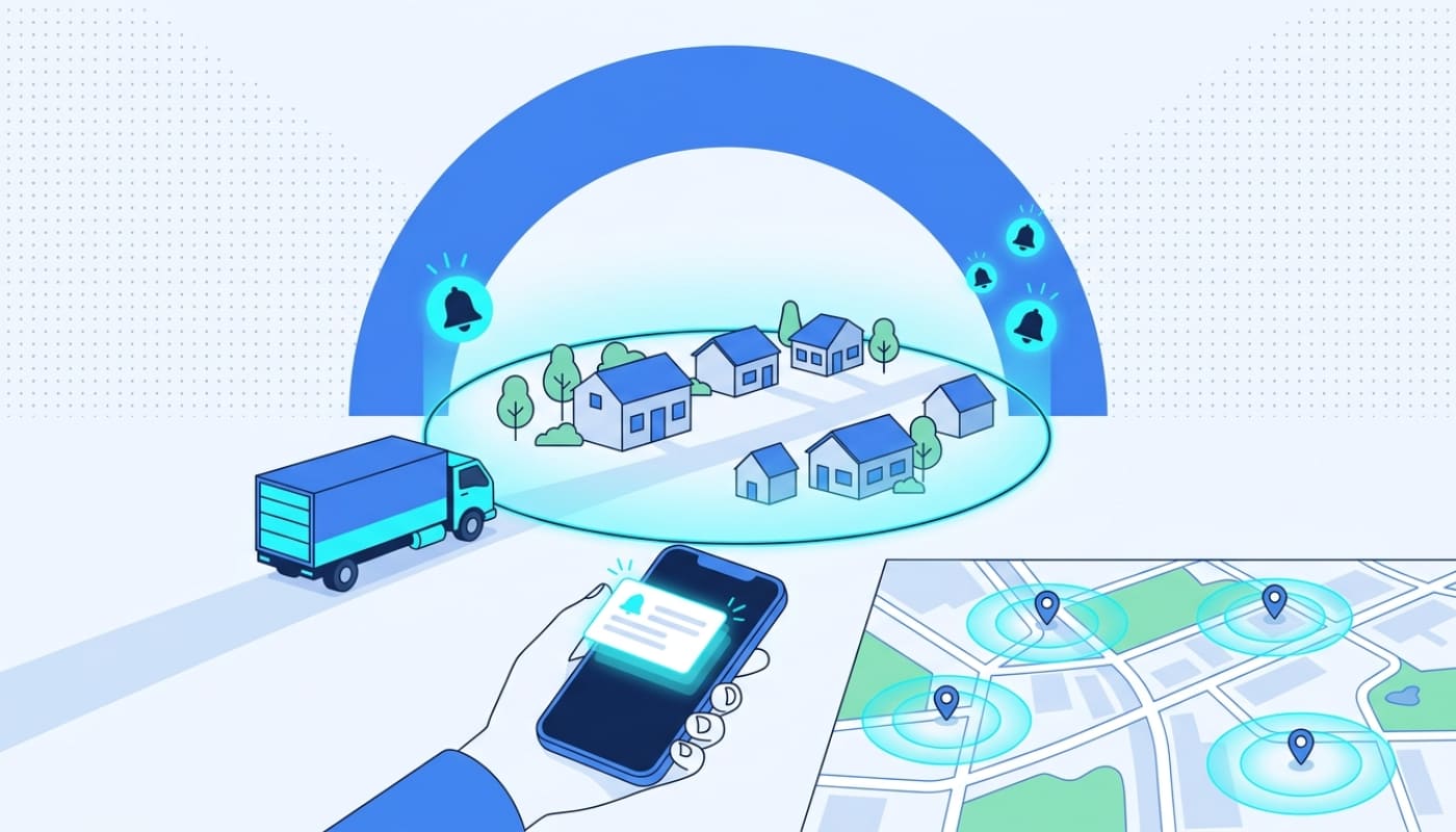 Delivery truck entering glowing geofence zone with notification alerts sent to customer phone