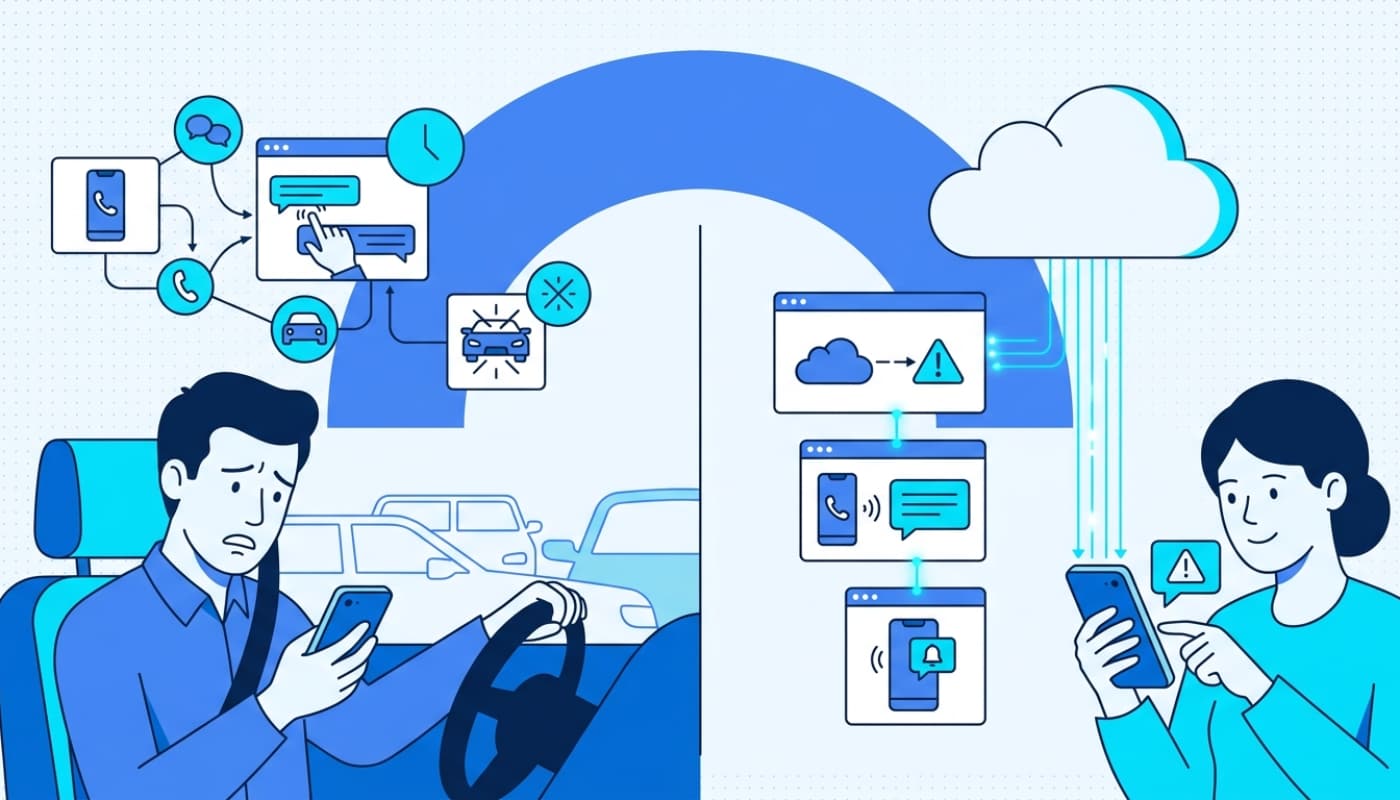 Split comparison of manual driver texting versus automated geofenced notification system