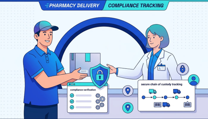Pharmacy delivery driver handing secure prescription package with HIPAA compliance shield