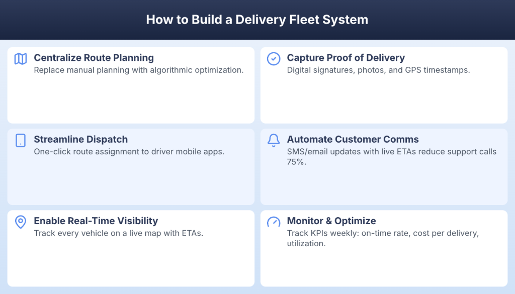 Six-step framework for building a delivery fleet management system from route planning to analytics