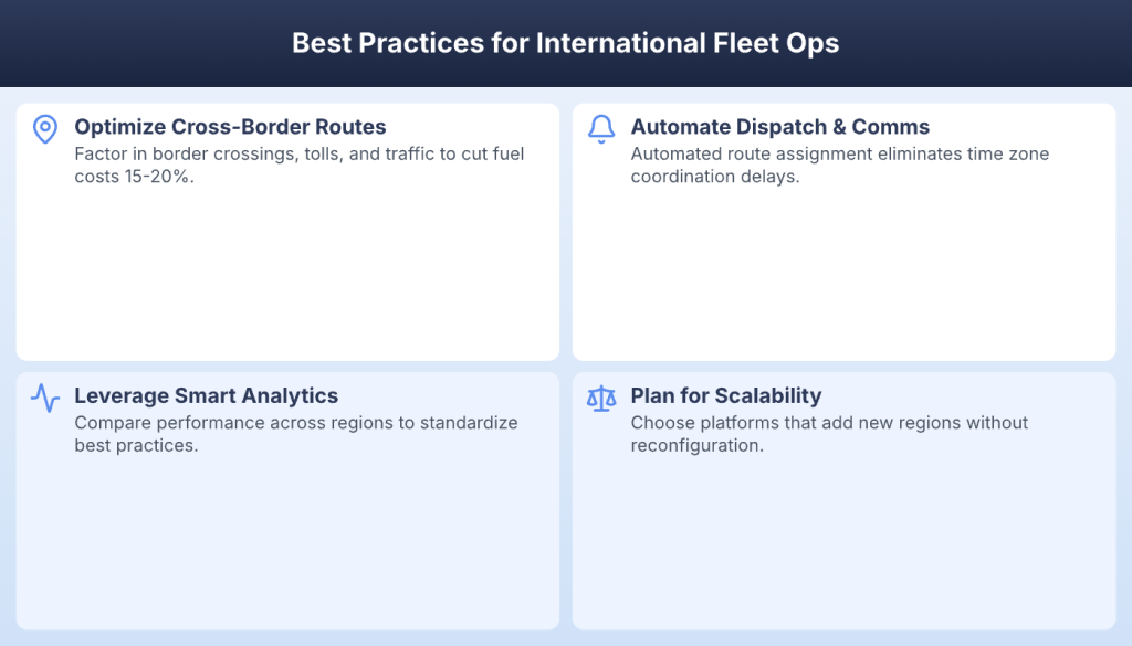 Four best practices for international fleet operations including route optimization and scalability