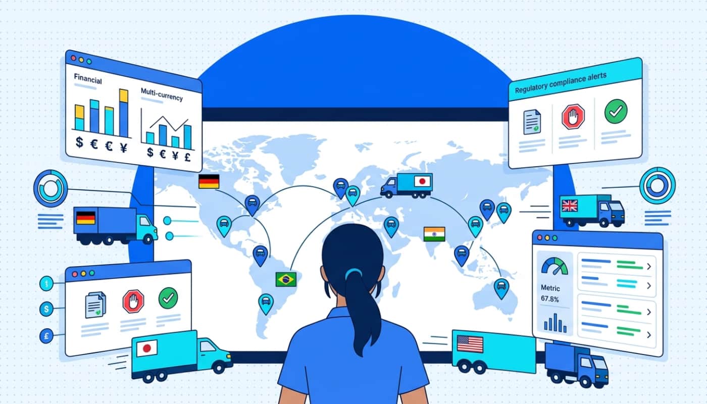 Fleet manager monitoring international vehicle operations on global dashboard with multi-country tracking