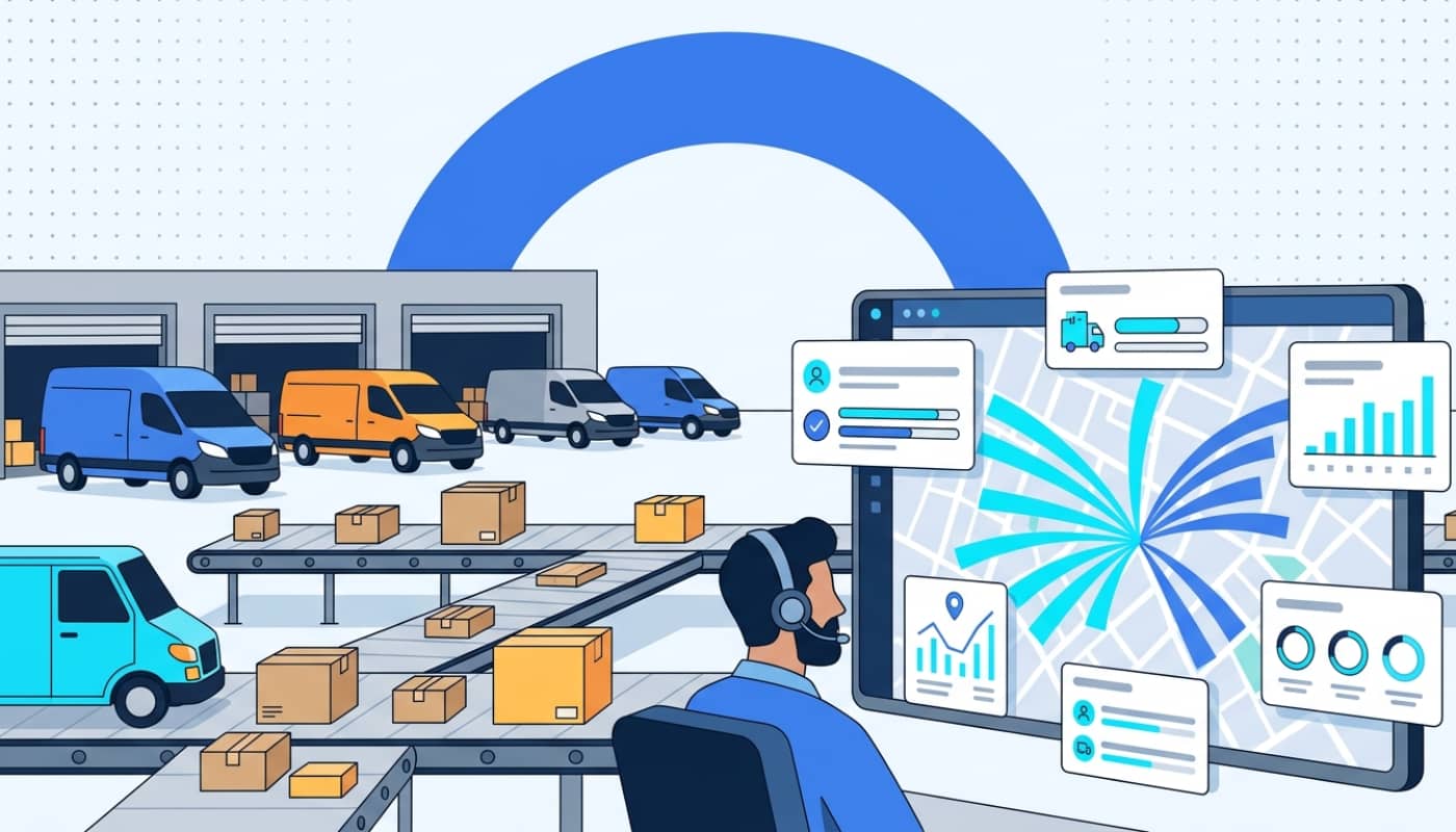 Distribution warehouse dock with delivery vans departing and coordinator reviewing fleet dashboard