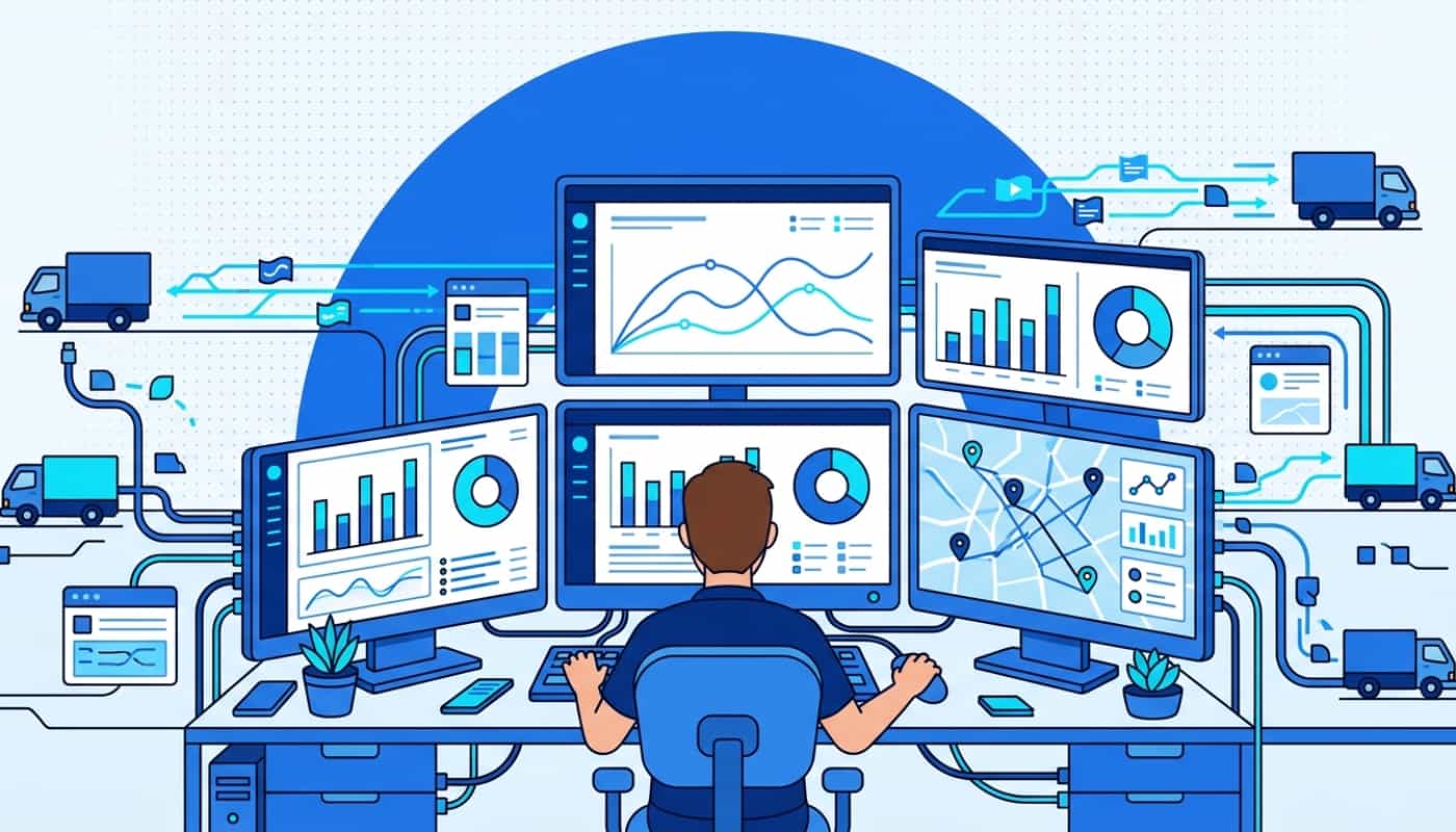 Fleet manager analyzing logistics analytics on multiple monitors with bar charts and delivery KPI metrics