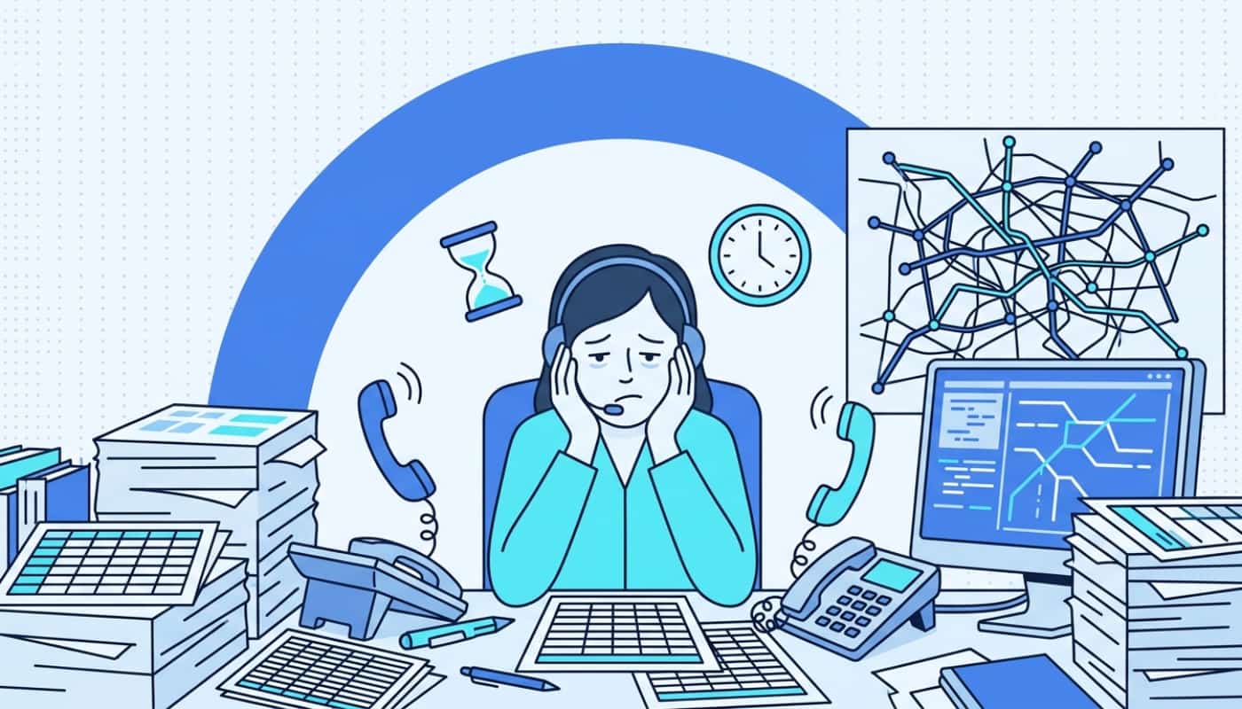 Exhausted dispatcher at desk surrounded by spreadsheets, ringing phones, and a tangled route map illustrating manual dispatch chaos