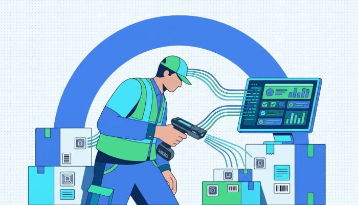 Cannabis delivery worker scanning package barcodes for METRC compliance tracking at dispensary