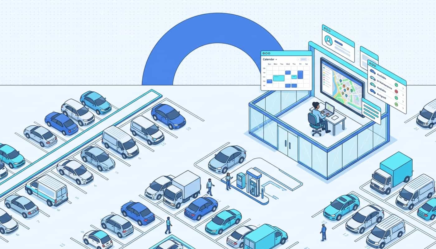 Government motor pool parking lot with vehicles in labeled bays and dispatcher coordinating