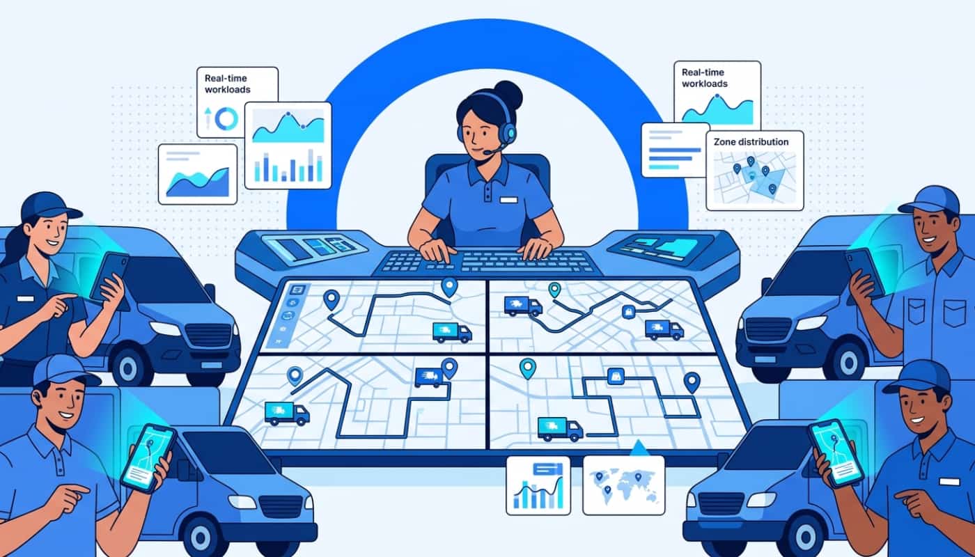 Fleet dispatcher distributing optimized routes to multiple drivers from central dashboard