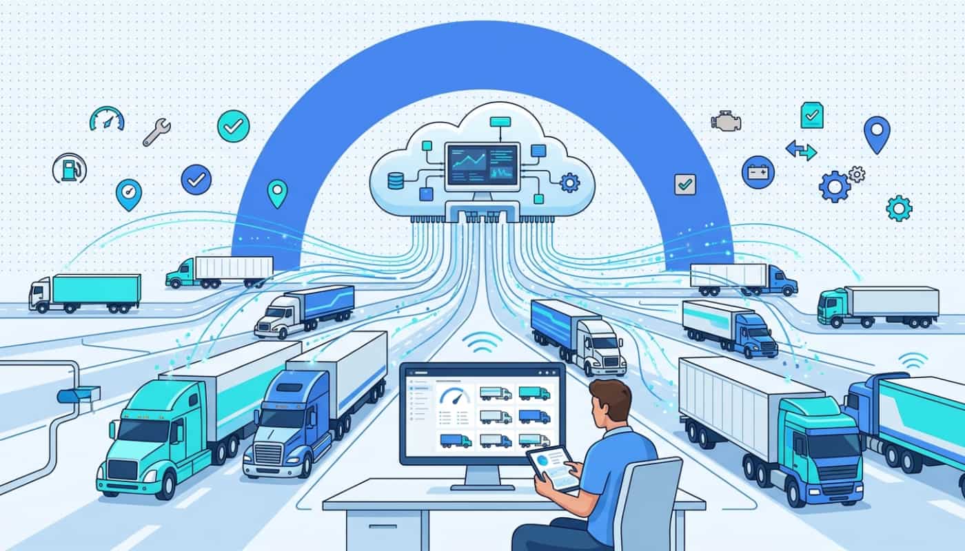 Fleet of trucks with data streams flowing to central cloud dashboard showing vehicle diagnostics
