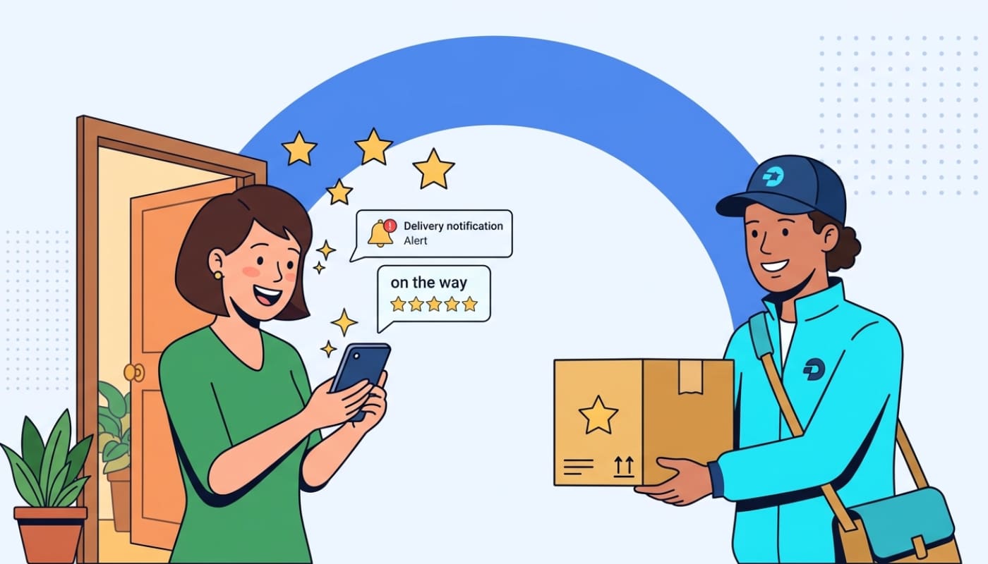 Happy customer receiving delivery while leaving five-star review with notification on phone