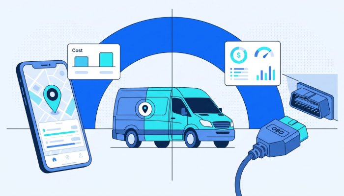 Split comparison of smartphone GPS tracking app and OBD hardware device for fleets