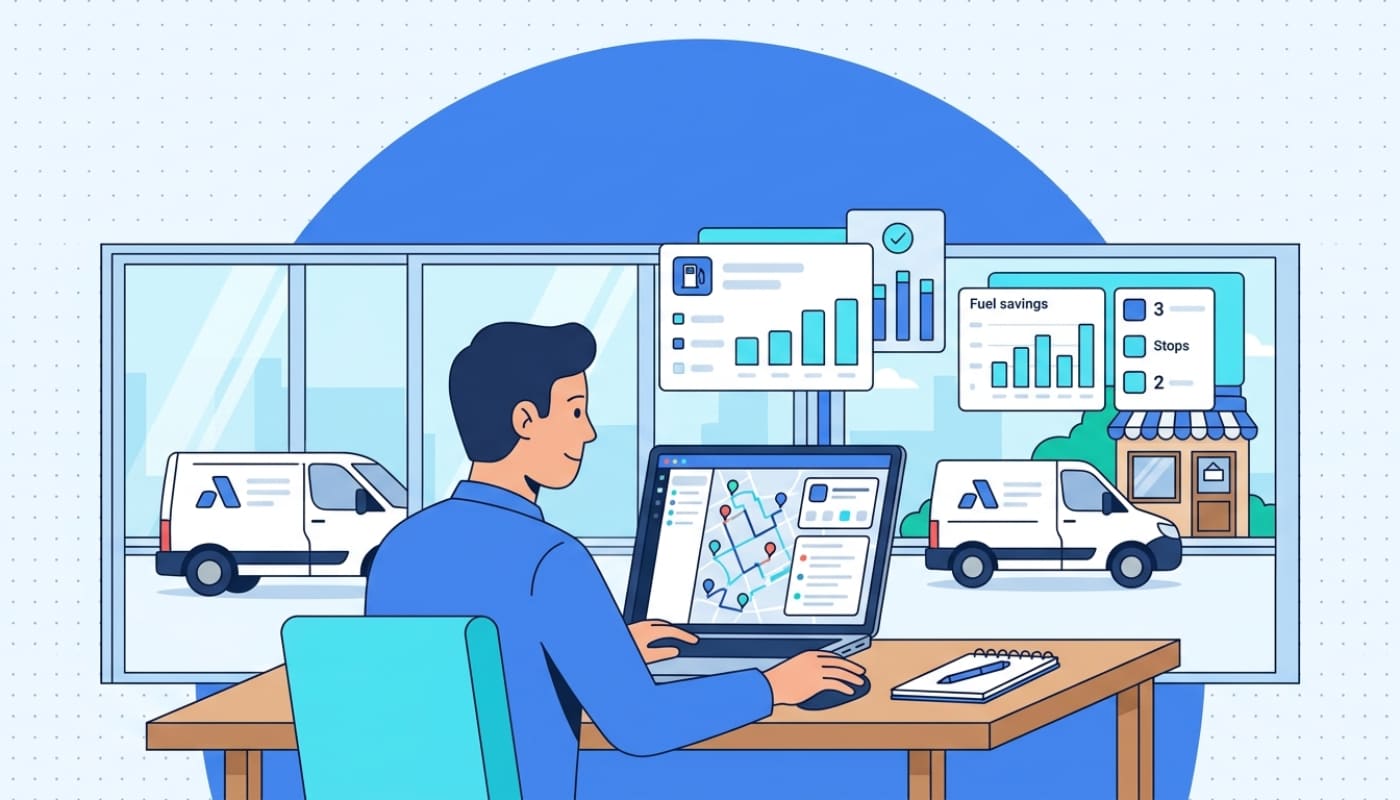 Small business owner at desk planning optimized delivery routes on laptop with vans and fuel savings dashboard