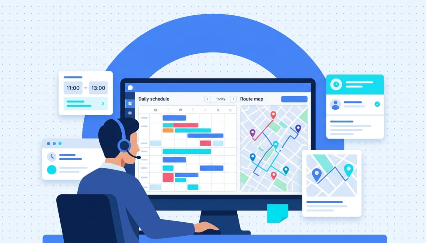 Service dispatcher at centralized dashboard scheduling field technicians with route maps and time windows