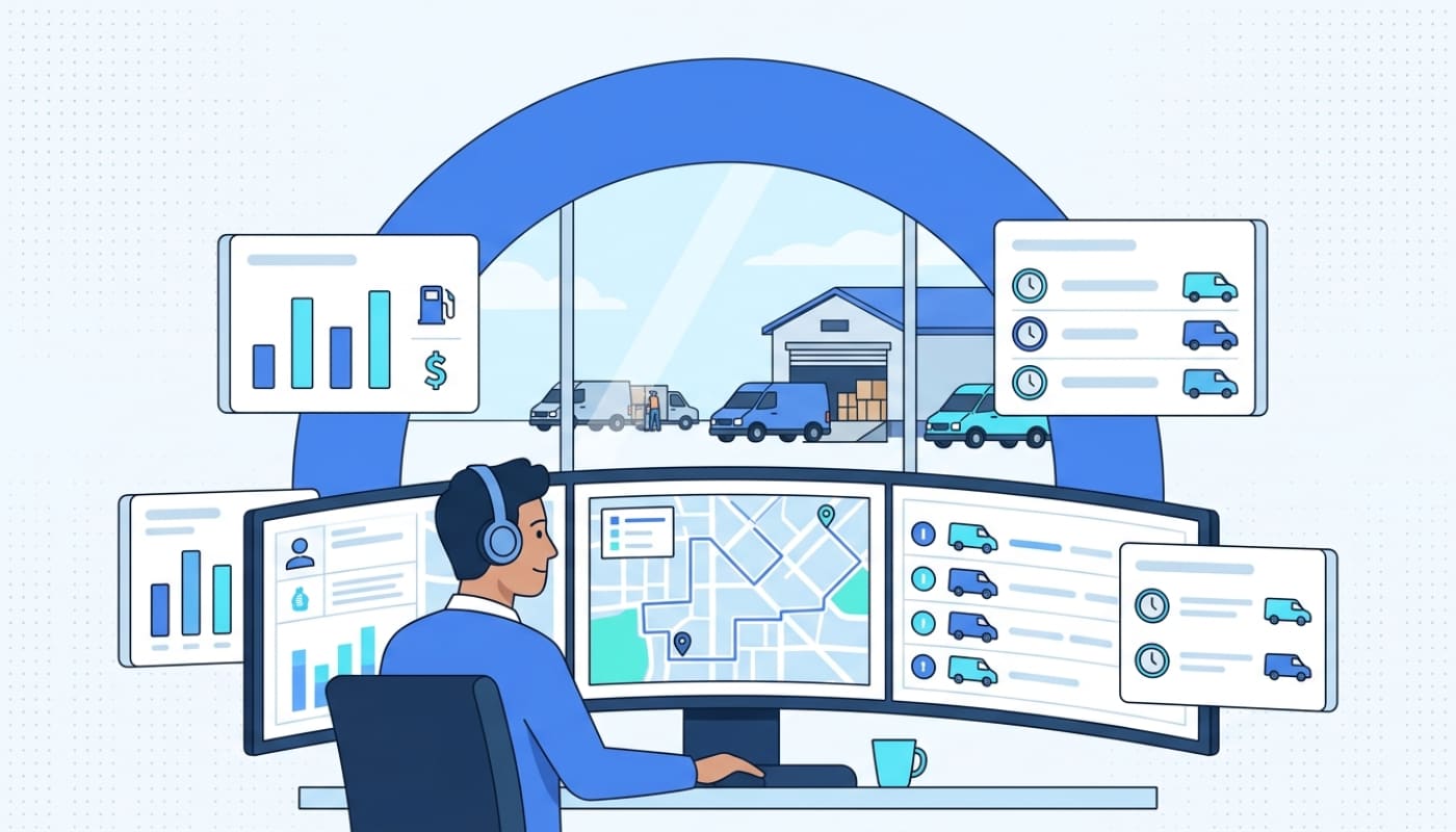 Small fleet owner-operator at multi-monitor command center managing routes and driver schedules