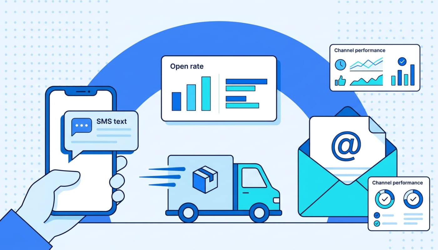 Split illustration comparing SMS and email delivery notification channels with delivery truck