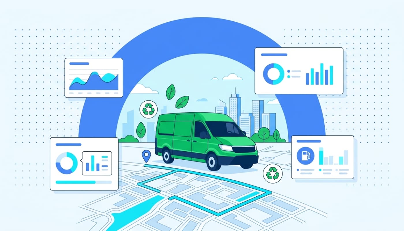Delivery driver with green van on optimized route with leaf icons and emissions dashboard
