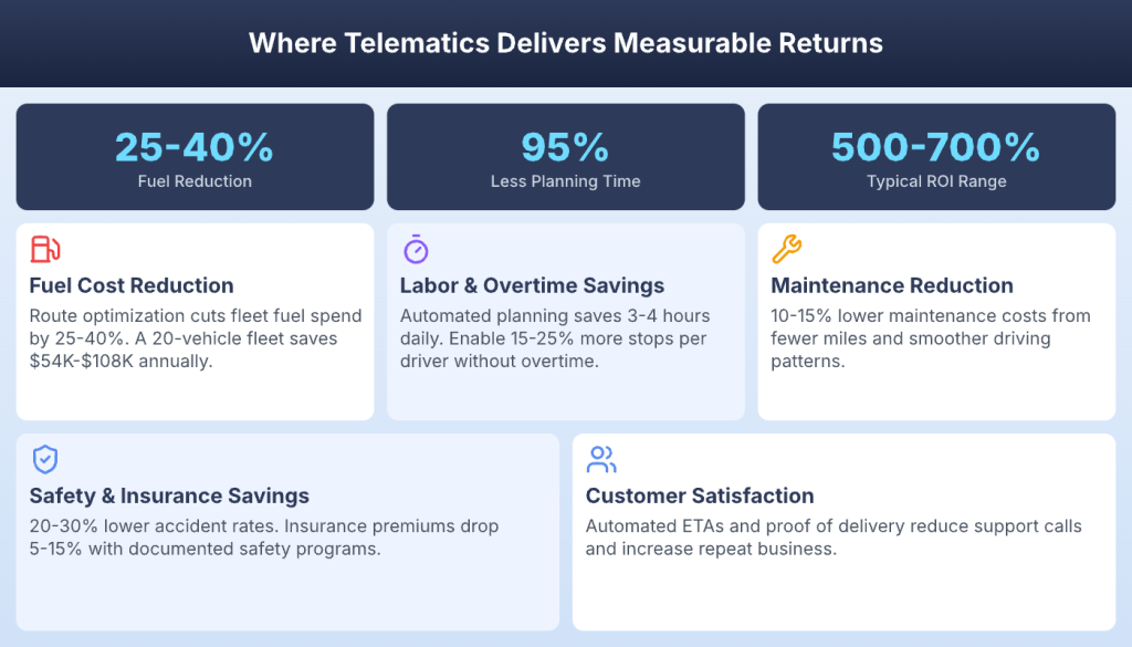 Five areas where telematics delivers returns with key stats on fuel, labor, and maintenance savings