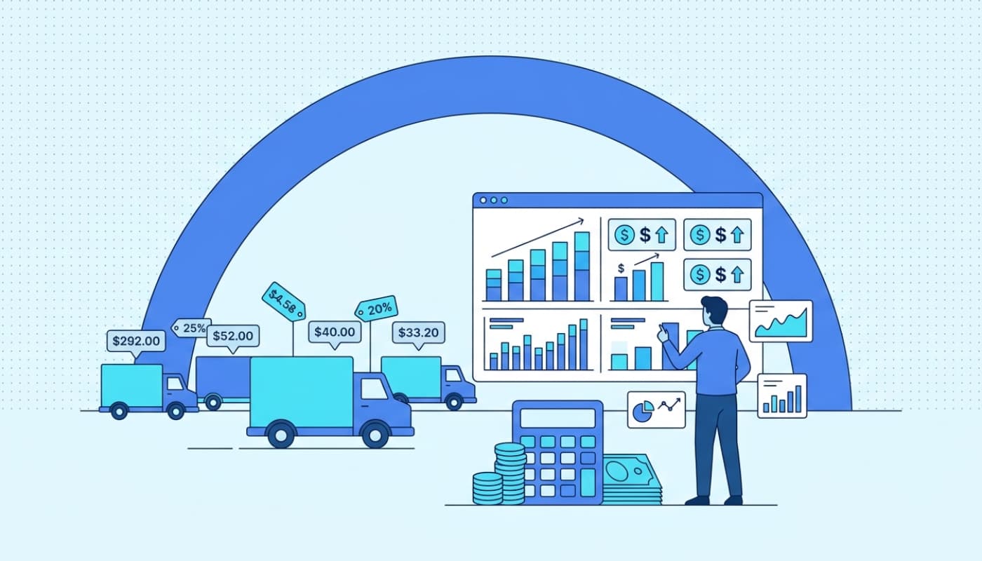 Fleet manager analyzing telematics ROI dashboard with cost savings charts and delivery trucks