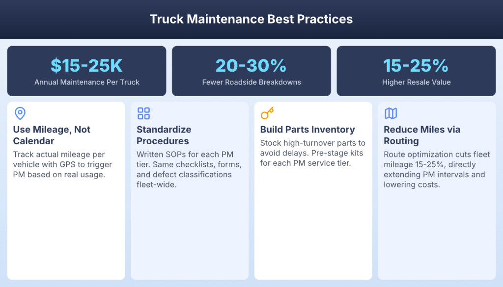 Truck maintenance best practices with key stats on annual costs and breakdown reduction rates