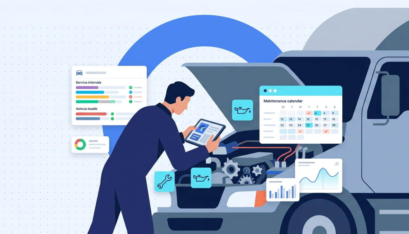 Mechanic inspecting commercial truck engine with diagnostic tablet and maintenance schedule cards