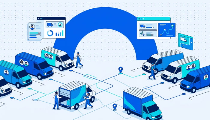 Fleet dispatcher assigning routes to delivery trucks with vehicle-based routing system