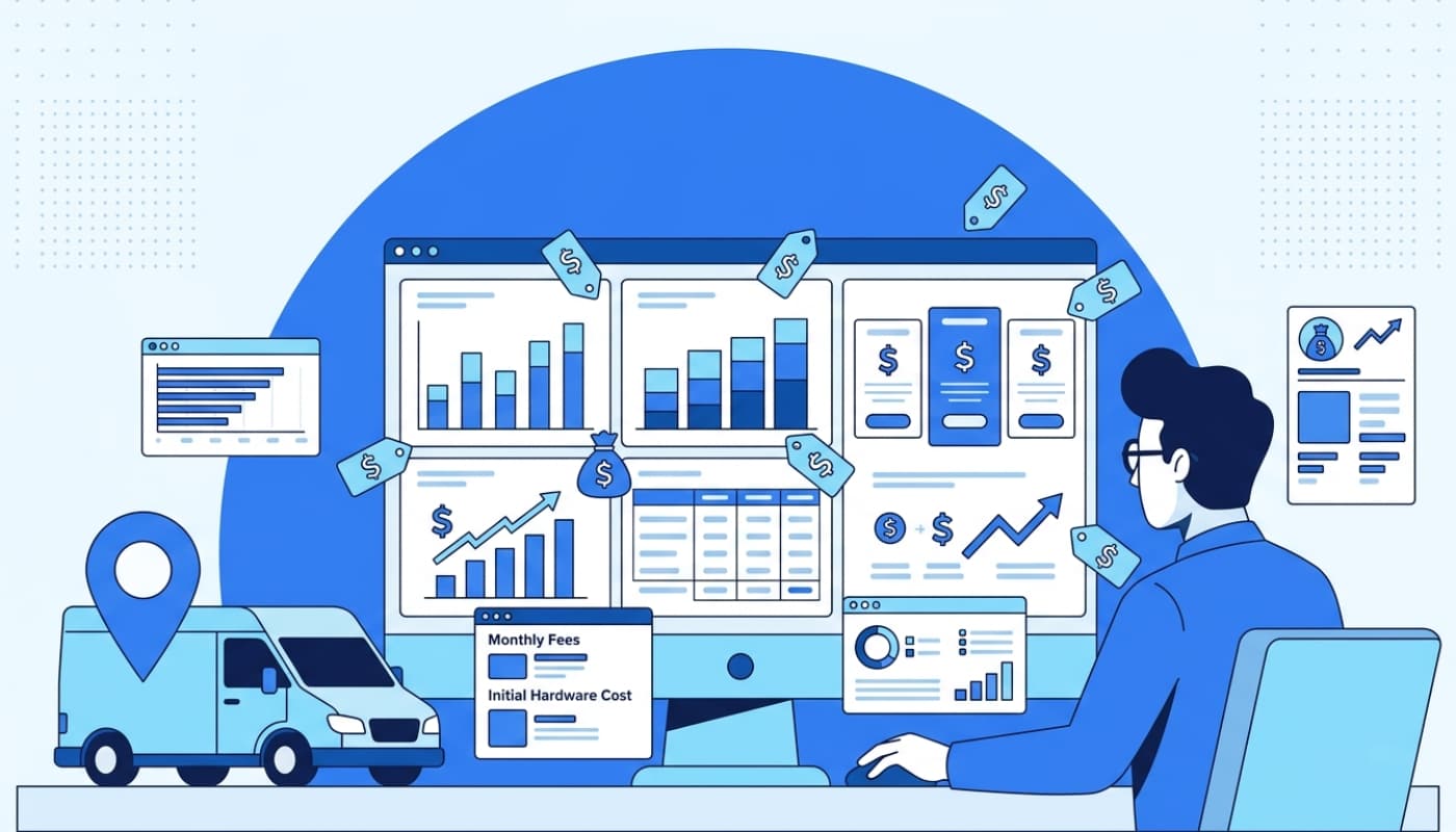 Fleet manager comparing vehicle tracking costs on dashboard with pricing tiers and delivery van