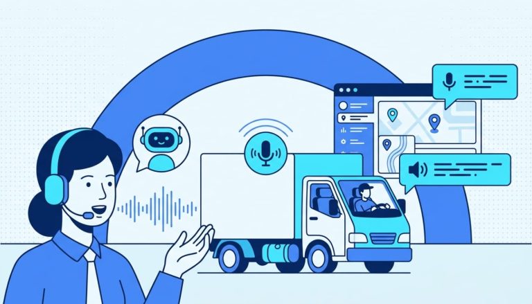 Dispatcher speaking commands with voice waveform connecting to AI assistant and delivery truck driver using hands-free voice
