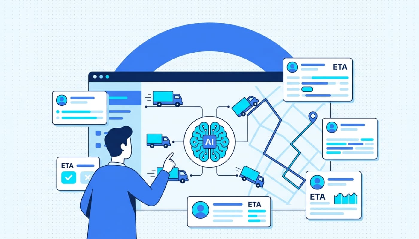 Dispatcher at AI dispatch dashboard with neural network connecting delivery trucks and floating ETA cards