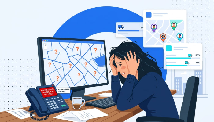 Frustrated fleet dispatcher at desk unable to locate drivers on empty map screen