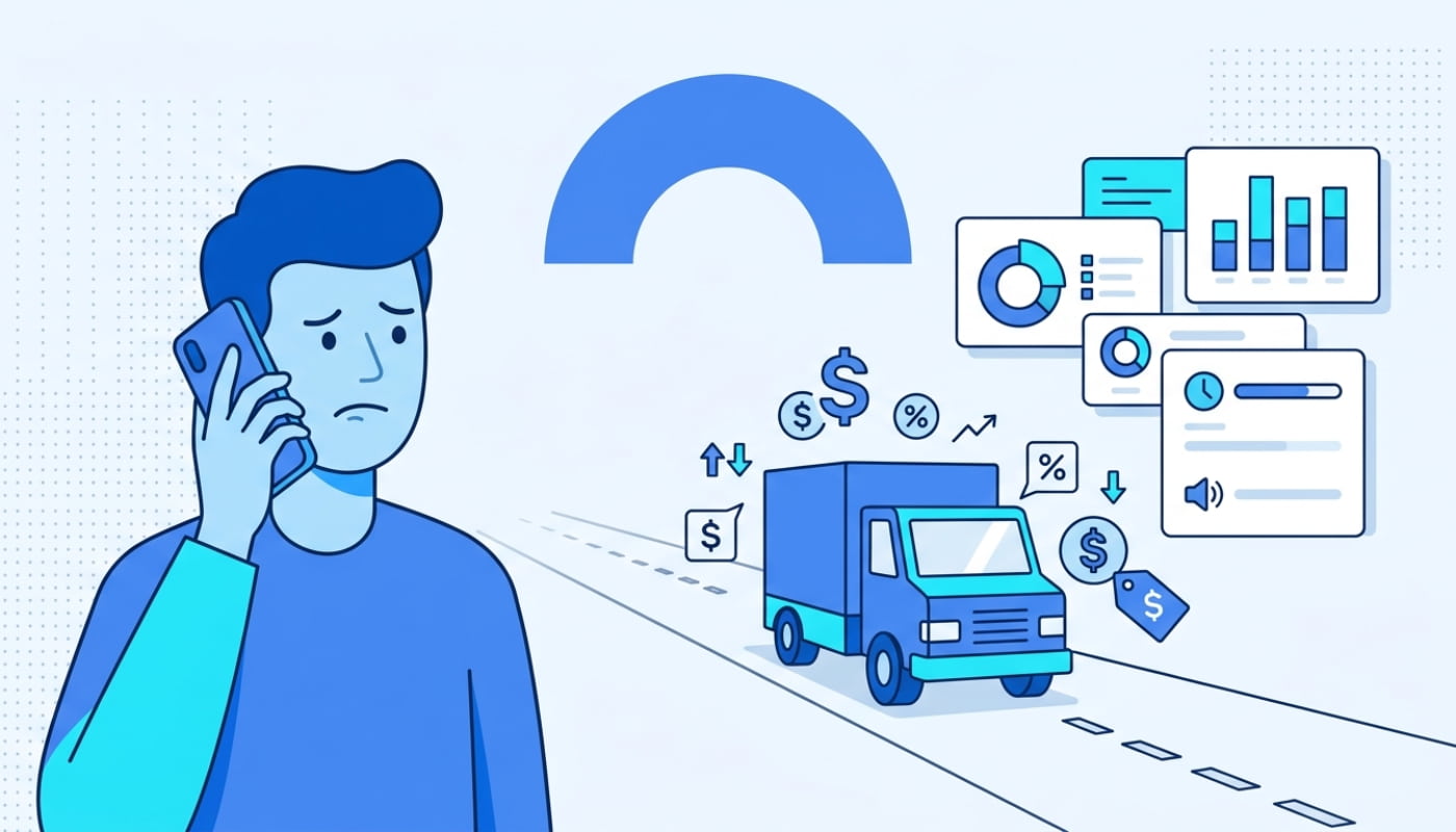 Frustrated customer calling about delivery status with cost indicators and delivery truck illustration