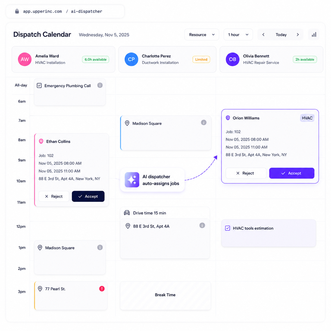 AI dispatch software dashboard with auto-sequencing, route optimization, driver-skill matching, workload balancing, and real-time delivery dispatch management for fleet operations.