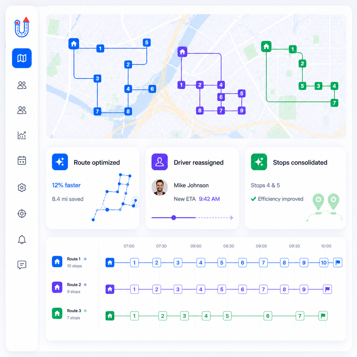 Crew fleet management platform dashboard showing route planning, dispatch software, driver tracking, proof of delivery, stop notifications, analytics, and delivery operations management for multi-vehicle fleets.