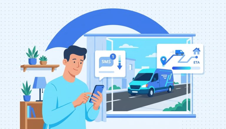 Customer checking phone for delivery notification while driver in van approaches on street