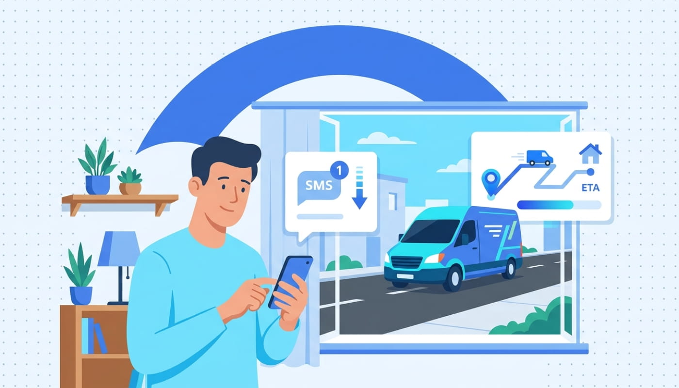 Customer checking phone for delivery notification while driver in van approaches on street