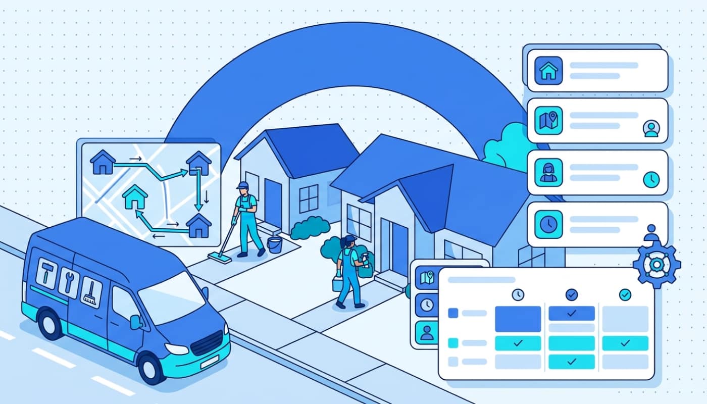 Cleaning crew with van and equipment outside homes with optimized route map and zone schedule