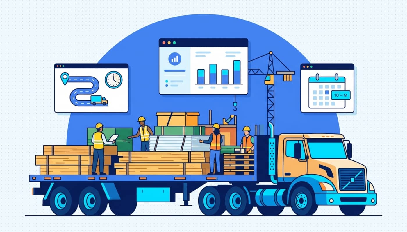 Construction delivery flatbed truck with lumber and materials at active jobsite with crane and workers