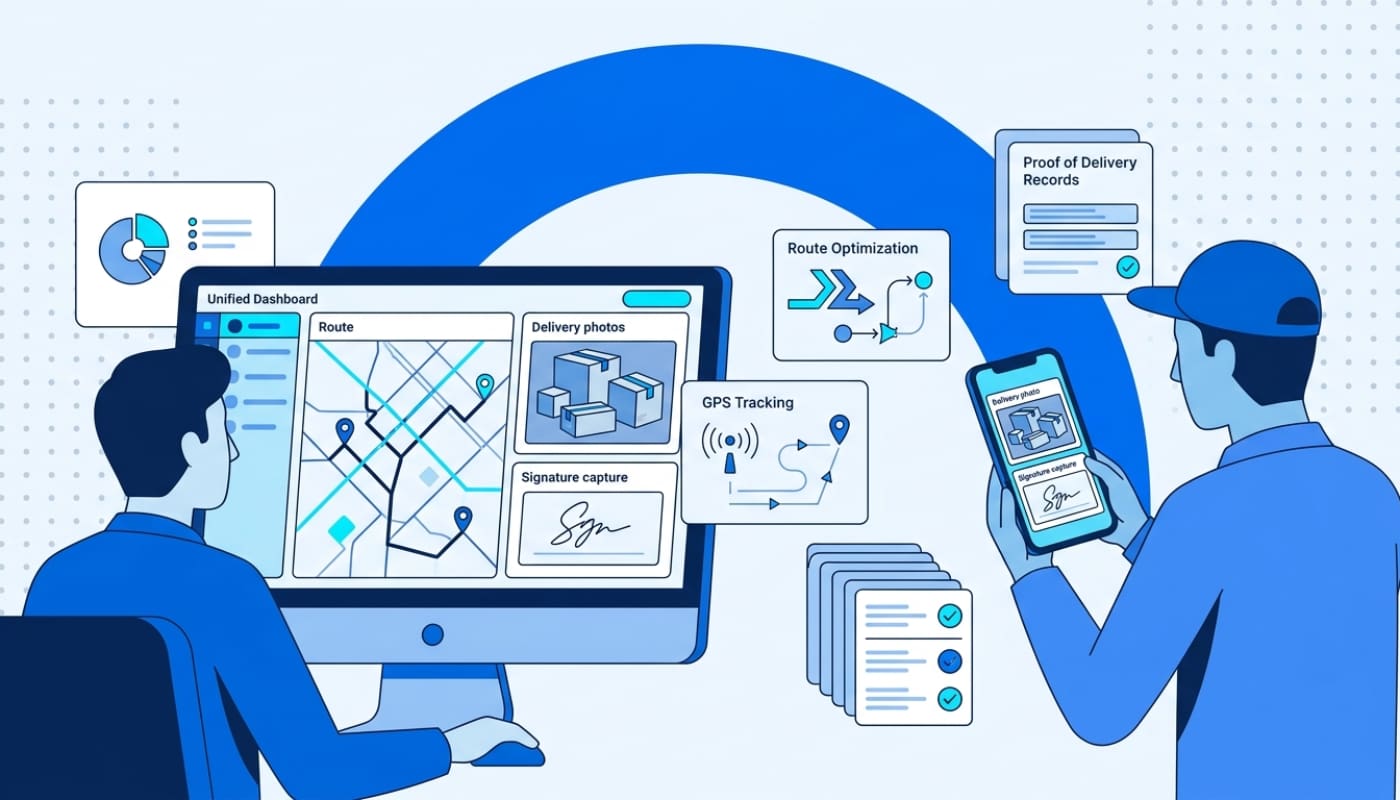 Dispatcher at unified dashboard with route map, delivery photos, and signature capture screens