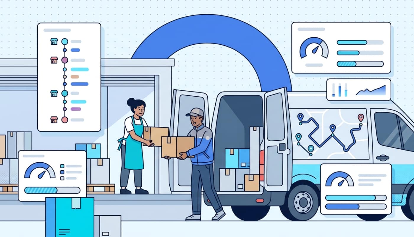 Delivery driver at warehouse loading dock receiving packages with route map showing pickup stops