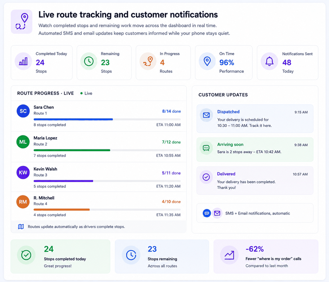 Upper live route tracking screen with per-driver progress bars and ETAs beside automated customer updates for dispatched, arriving soon and delivered