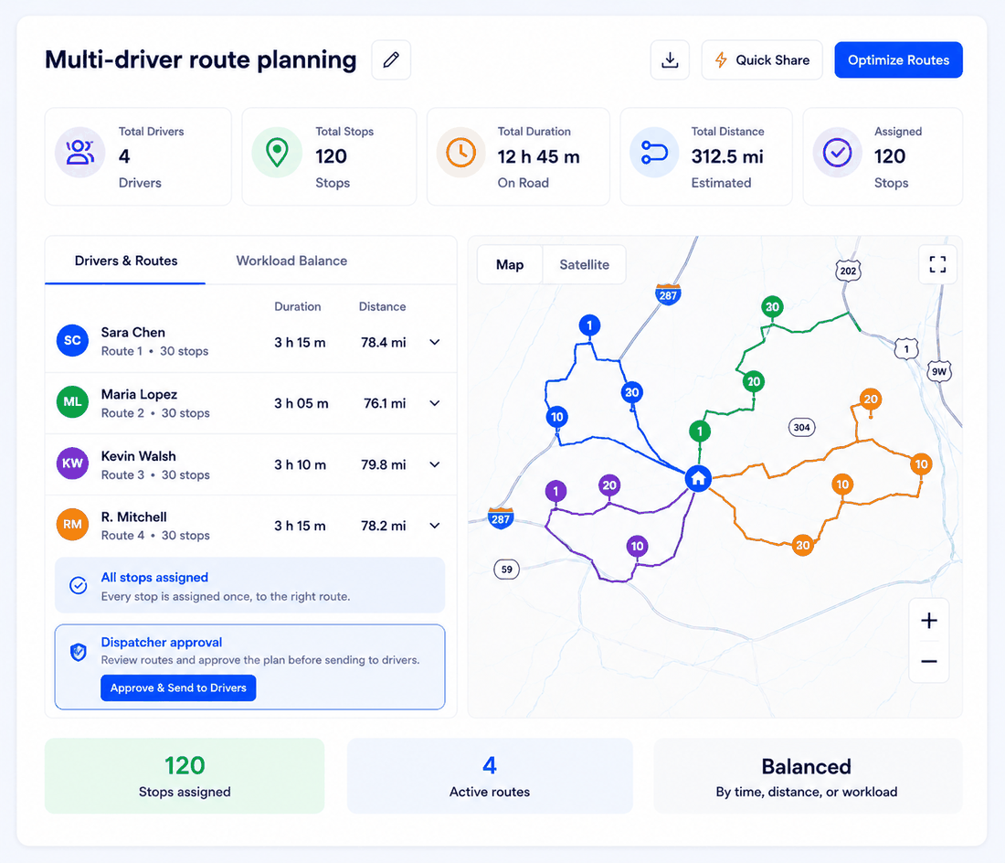 Upper multi-driver route planning screen showing 120 stops split across four drivers with balanced duration and distance, colour-coded routes on the map, and dispatcher approval