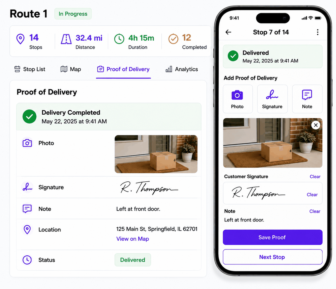 Upper proof of delivery screen showing a delivery photo, customer signature, note, location and delivered status, beside the driver app capturing proof on the stop