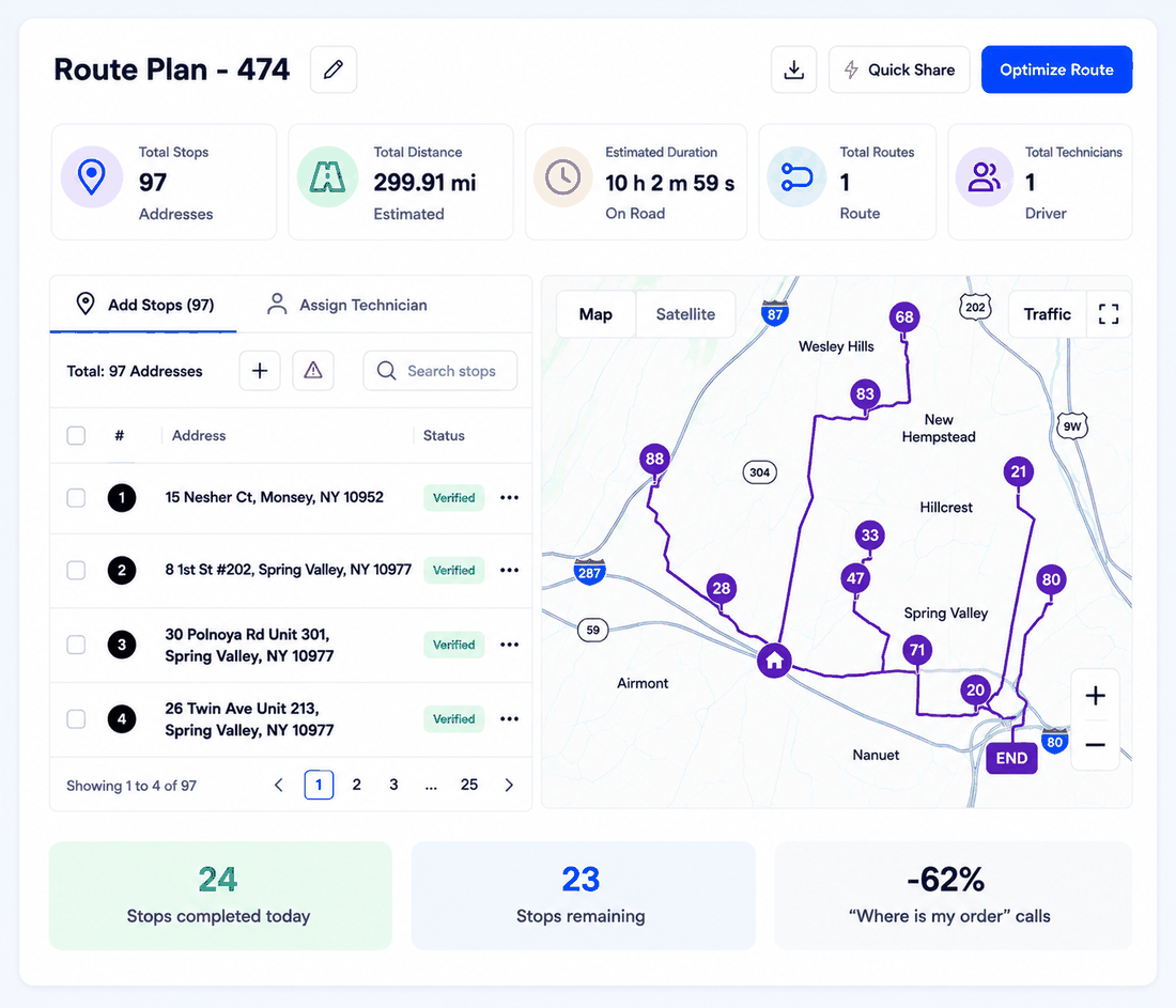 Upper route plan screen showing 97 stops, total distance and duration, an optimized map route, and stop completion stats